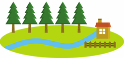 林と川，家のイラスト