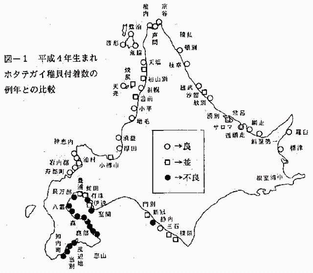 図1　平成4年生まれホタテガイ稚貝付着数の例年との比較