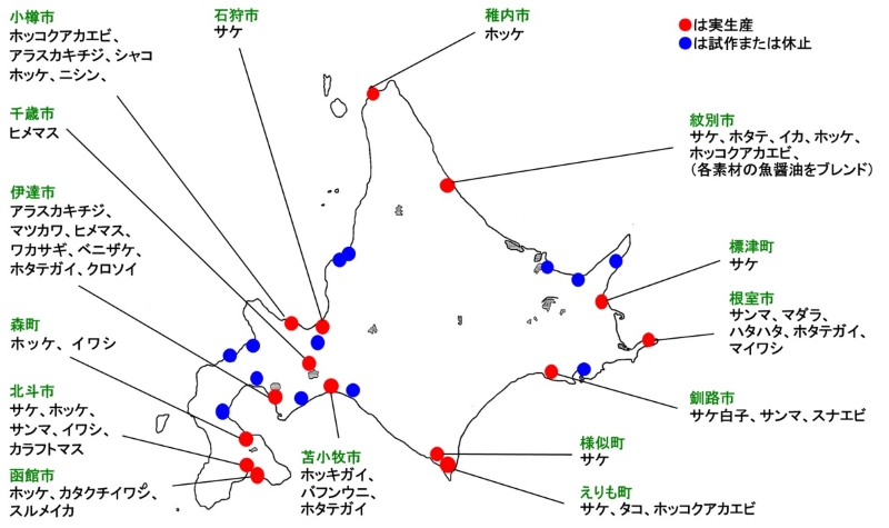 図7　道内の魚醤油生産地と原料となる魚介類