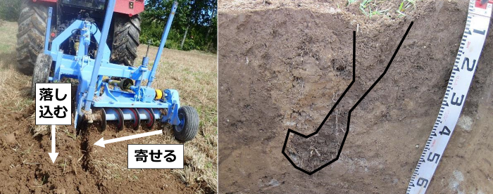 写真２　カットソイラーの作業の様子（左）と麦稈が埋められた箇所の土壌断面の様子