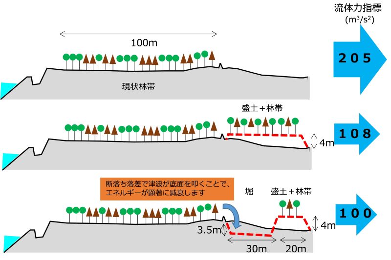 図4　現状林帯の内陸側に地形の改変を加えて林帯拡張を行った場合の模式図