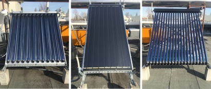 写真１　様々なタイプの集熱器（左右：真空管型、中央：平板型）