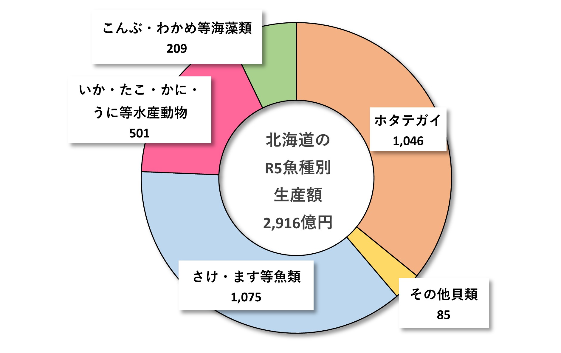 図２　北海道の魚種別生産額（令和5年）令和5年度(2023年度)　北海道水産現勢（北海道水産林務部）より作成
